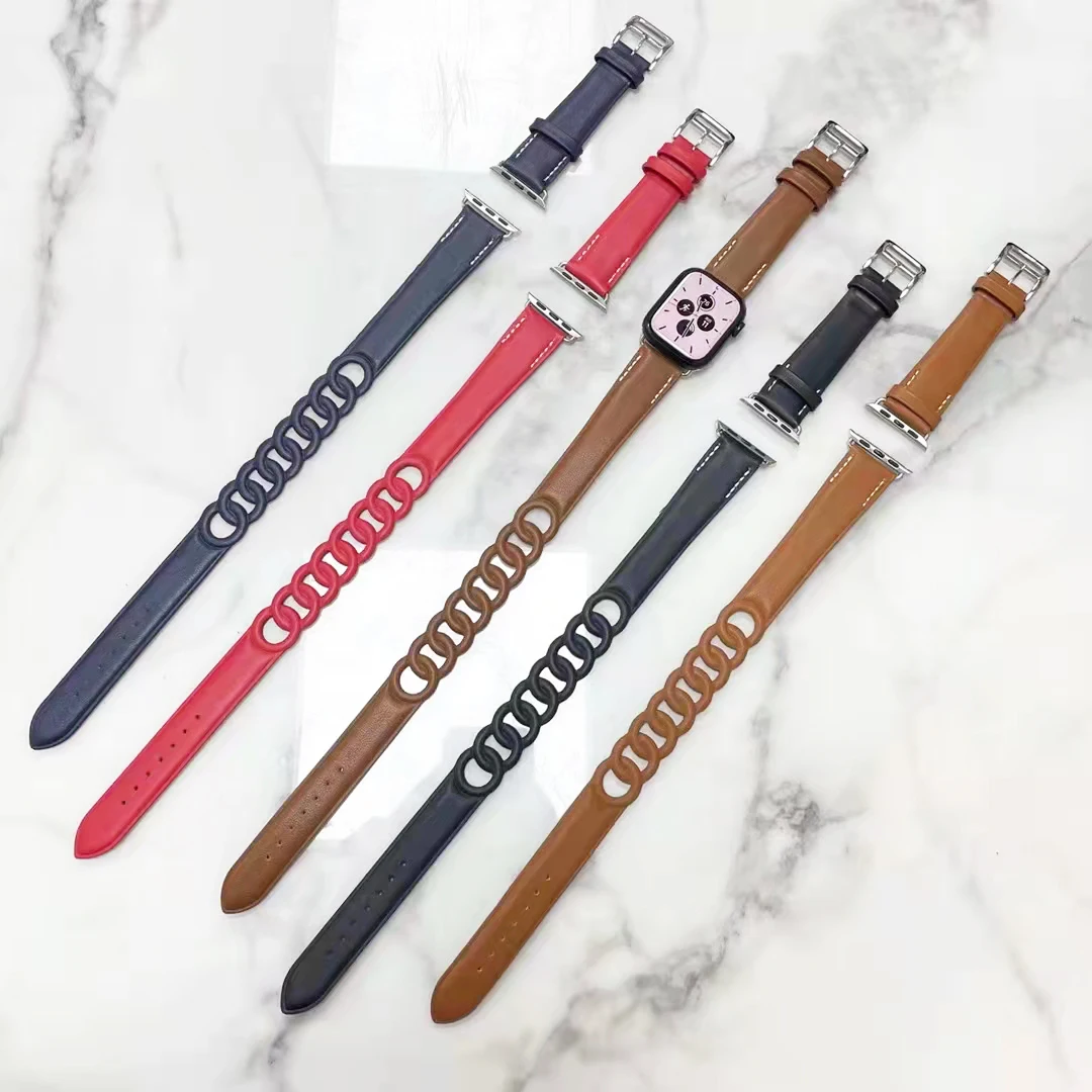 Leather Gourmette Double Tour Strap For Apple Watch Band 45mm/41mm Correa  42/38mm 44mm 40mm Bracelet Iwatch Series 7 6 5 4 3 Se - Watchbands -  AliExpress