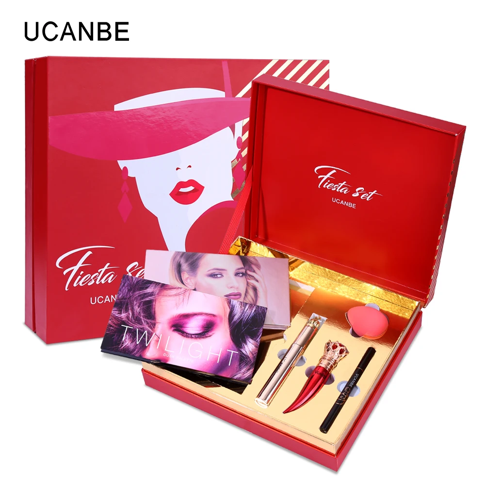 

UCANBE Festival Gift Box 6pcs/lot Aromas Eye Shadow Makeup Set 2 Eyeshadow Palette 1 Lipstick 1 Mascara 1 Eyeliner 1 Sponge