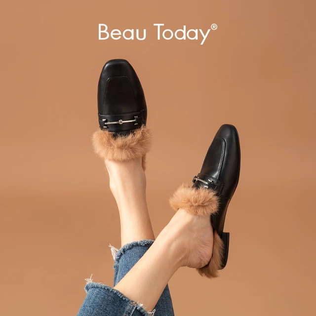 Women's Flat Mules Slippers With Fuax Fur And Rabbit Hair, Warm And  Lightweight