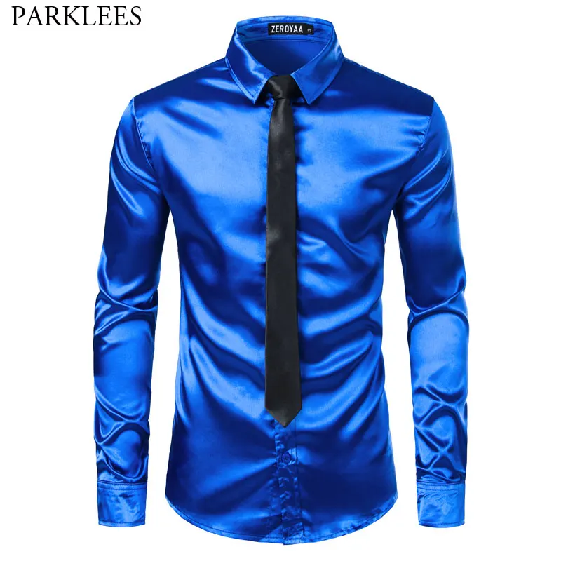 blue black tie Мужские рубашки с галстуком-бабочкой, роскошные шелковые Атласные Рубашки с длинным рукавом для мужчин, однотонные рубашки для сцены, танцев, ночного клуба, Camisas Masculina - Цвет: blue black tie