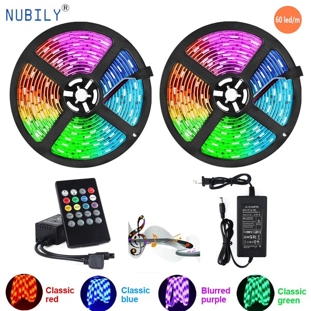 

RGB Light Strips Music Sync Color Changing Rope Light 60LED/m SMD5050 LED IR Remote Controller Flexible Strip for Home Party Bed
