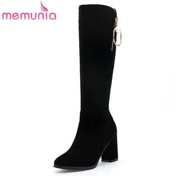 

MEMUNIA 2020 new arrival flock knee high boots women solid colors pearl zip high heels shoes ladies autumn winter long boots