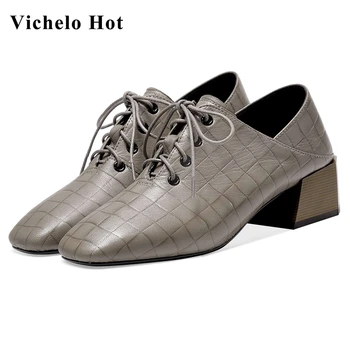 

Vichelo Hot 2020 autumn plus size genuine leather square toe med heel cross-tied bowtie beauty lady daily wear casual pumps L10