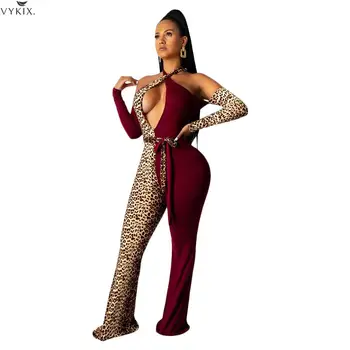 

Femme Jumpsuit Sexy Bandage Leopard Patchwork Jumpsuit Bodycon Off Shoulder Romper Backless Long Sleeve Overalls Outfits