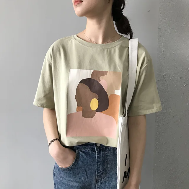 US $12.50 Fanco Vintage Abstract Painting Summer Women T Shirt Short Sleeved Korean Style Thin Round Neck Tee
