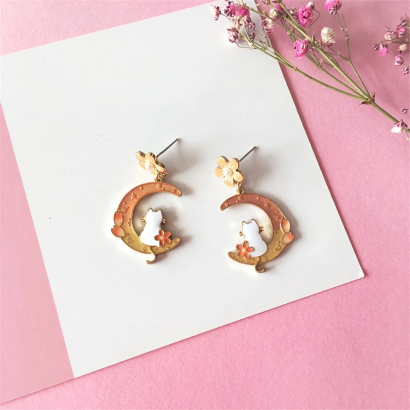 Kawaii Cat Moon Sakura Earrings - Limited Edition