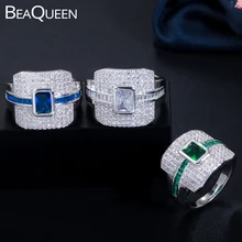 BeaQueen ослепительный полный кубический цирконий микро проложили большой квадрат Королевский синий зеленый штабелируемые обручальные кольца для женщин R097