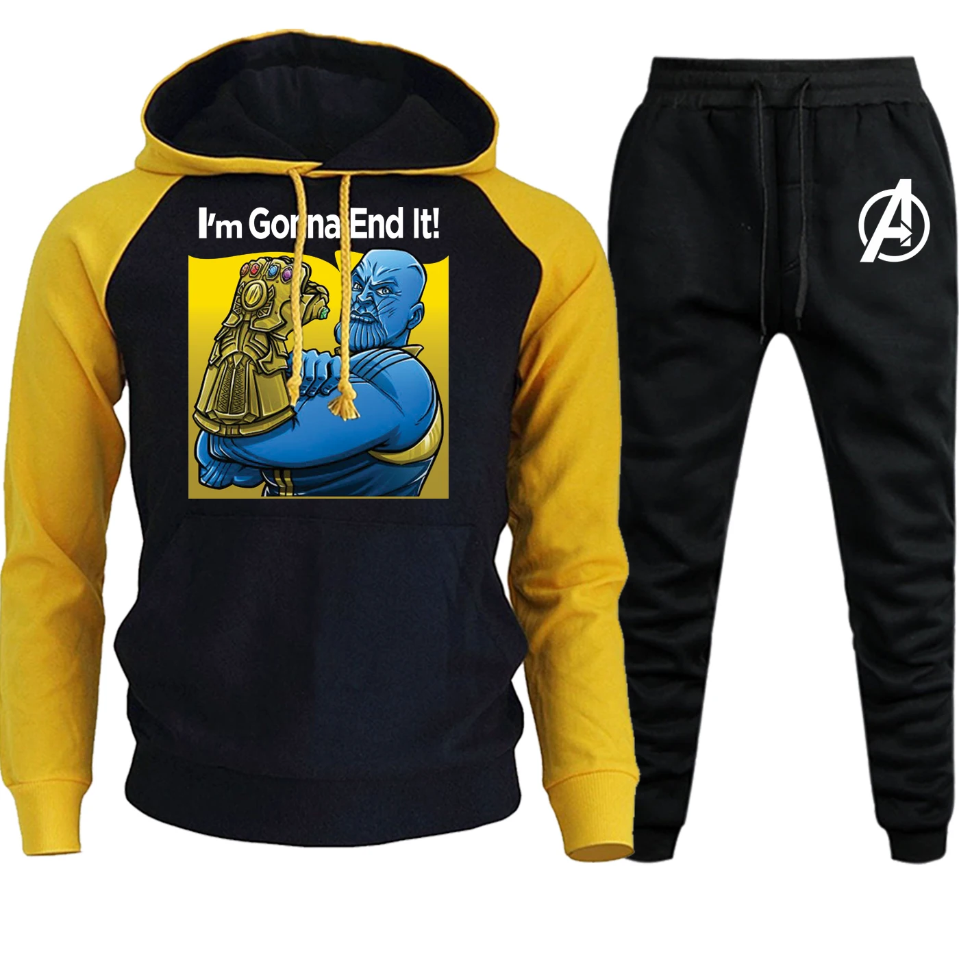 Thanos, забавные штаны, реглан, худи, толстовки Avngers, Осень-зима, костюм, мужской, Повседневный, флис, с капюшоном+ штаны, комплект из 2 предметов - Цвет: yellow black6