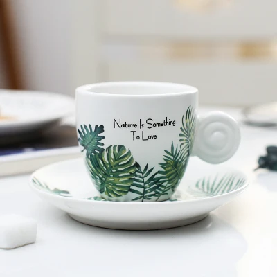 Northern Europe Fresh Style 90ml Espresso Cup Set With Tray Monstera Leaf Frost Small Italian Black Coffee Mug Taza Tasse Xicara - Color: Frosted