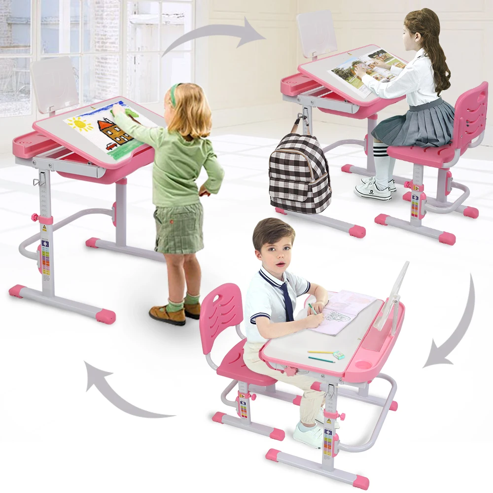 

70CM Lifting Table Set Student Class-room Home Reading Desk Tilting Children Learning Table And Chair Pink With Reading Stand