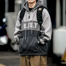 

American Hoodie Men Oversized Sweatshirt Hooded Polar Fleece Autumn Winter Loose Color Stitching Outerwear Male Clothing Hoodies