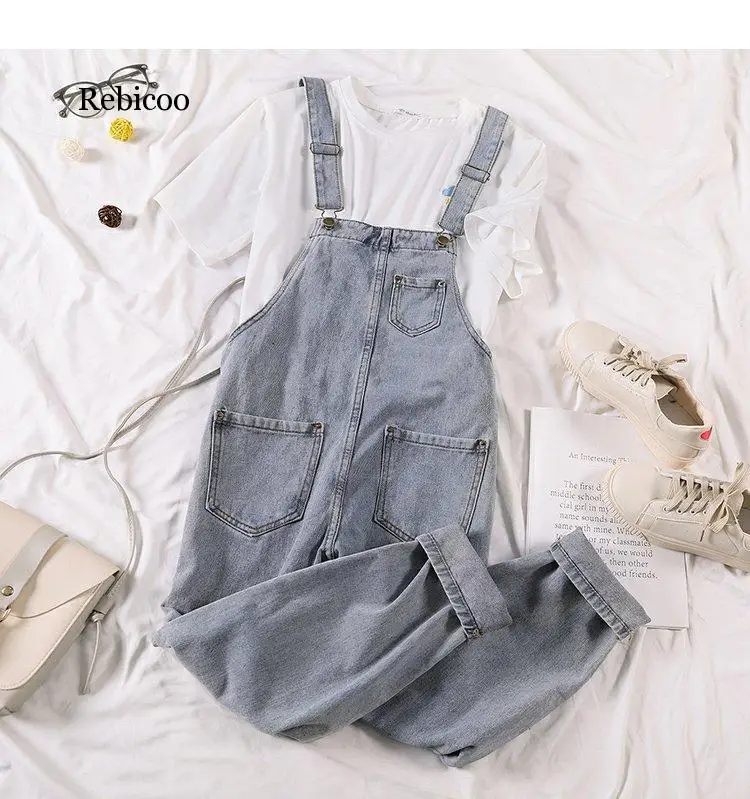 

Джинсовые комбинезоны, новый корейский стиль, модный Свободный Повседневный светильник, синий цвет, женские уличные Капри, брюки длиной до щиколотки, хлопок, быстрая доставка