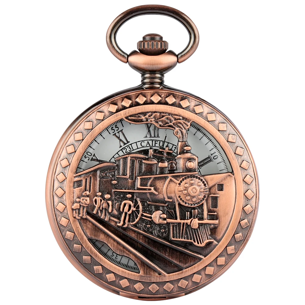 Exquisite Hand-winding Mechanical Pocket Watches Men Retro Steam Train Cover Case Roman Numerals Dial Neckalce Pendant Women