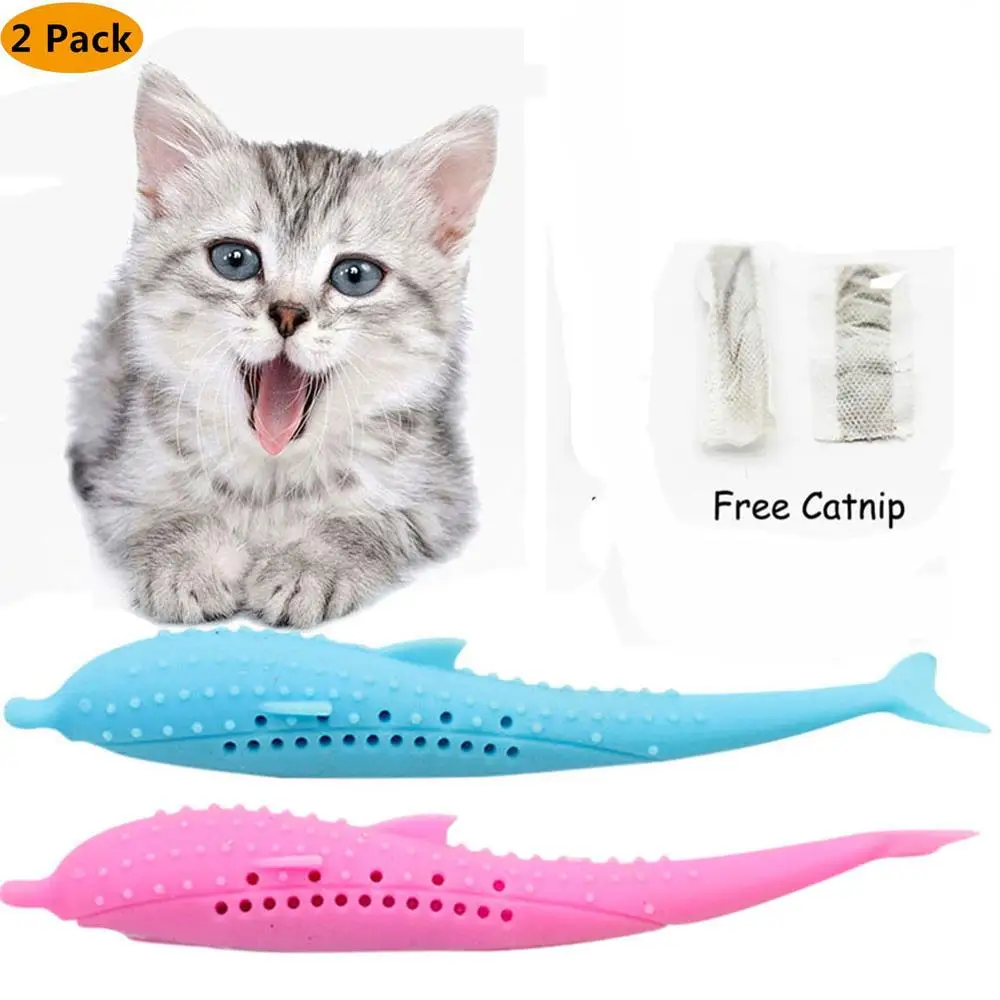 Pet Cat Toothbrush Toy Fish Shape Catnip Flavor Silicone Molar Stick Teeth Cleaning Toy For Cats Kitten Fish-Shaped Soft Mint - Цвет: Pink and Blue
