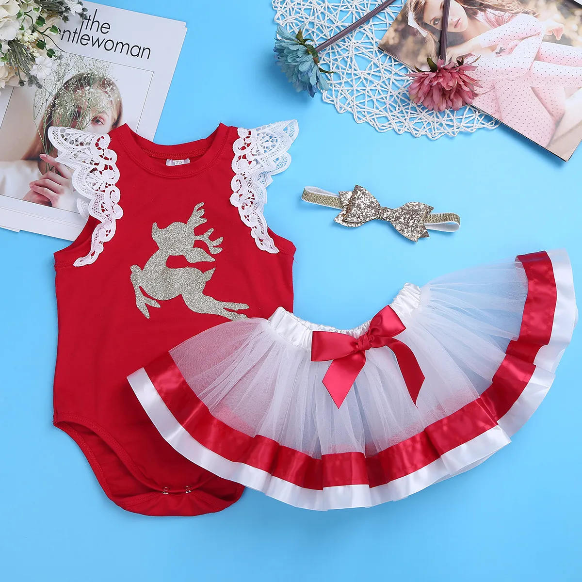 Рождественская одежда для маленьких девочек милый Рождественский комплект одежды для новорожденных, Детский комбинезон+ юбка+ повязка на голову