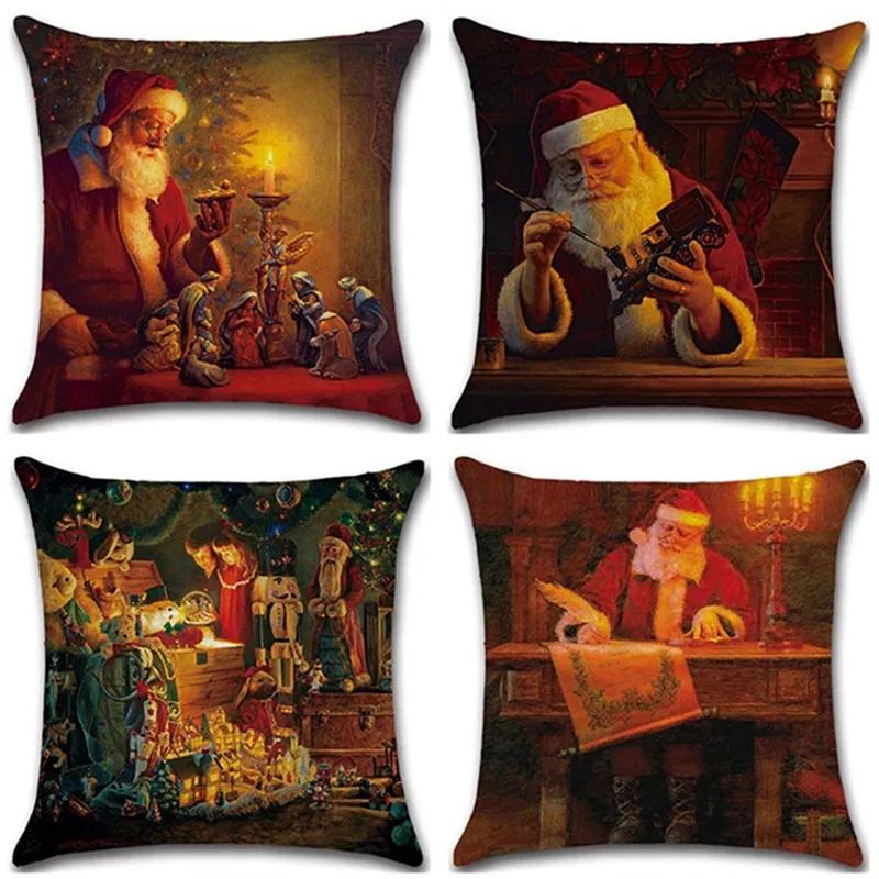 

Vintage Merry Christmas Cushion Cover Skin-friendly flax Pillow Cover Dust-proof Soft Pillowcase Decorative Pillows Case