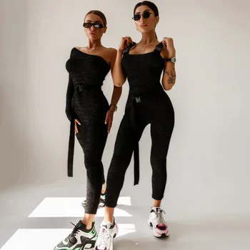 

Fashion Bodysuit Women Square Collar Buckle Waist Belt Backless Elastic Fashion Skinny Jumpsuit Streetwear Chic Lady Playsuit