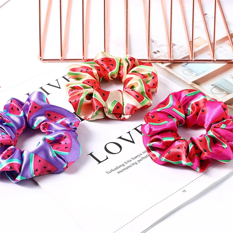 Women Girls Print Satin Big Elastic Rope Bands Watermelon Fruit Cute Heart Print Scrunchies Hair Gums For Bun Make Stretch Bands