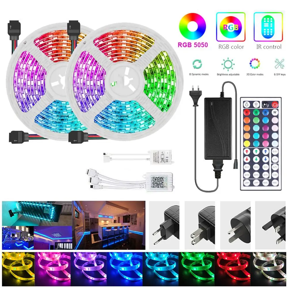 

5/10/20m LED Strip Light Flexible Portable 5050 RGB Lighting Ribbon TV Desktop Screen Backlight Tape Strings with Remote Control