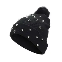 Женская шапка с заклепками, осенне-зимняя шапка, вязаная, толстая, плиссированная, теплая, уличная, шерстяная, милая шапка с меховым помпоном