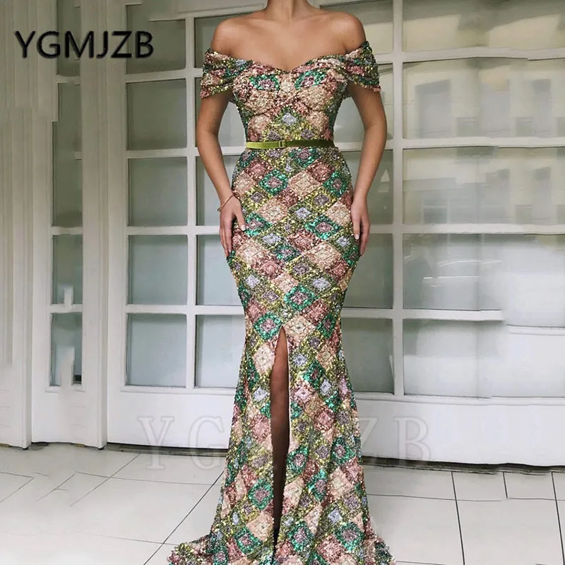 

Colorful Sequin Off Shoulder Evening Dresses 2020 Mermaid V-neck Front Slit Saudi Arabic Women Formal Prom Gowns Party Dress