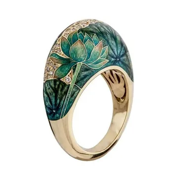 

Ethnic Style Green Rings For Women Vintage Flower Ring Ladies Fashion Big Ring Female Golden Charming Wedding Rings Women Party