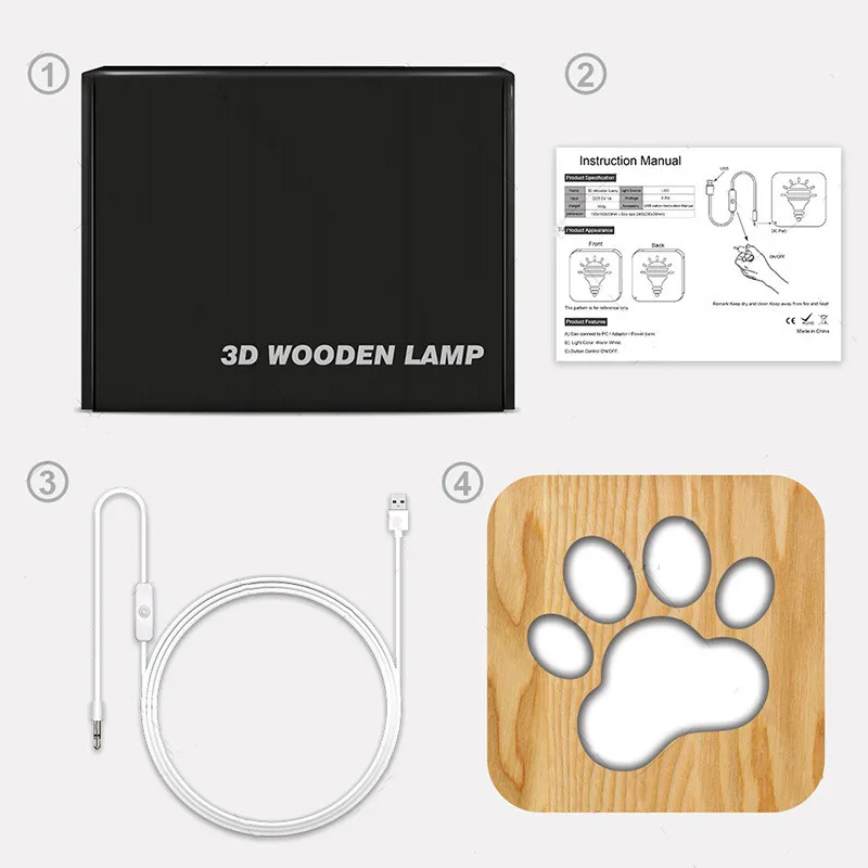 Pata de Gato Light com o Mesmo Pata do Cão Escultura em Madeira Nova Night Estilo Maciça Oco Crianças Festa Decoração Criativa Candeeiro Mesa Led 3d 4 Luzes e Iluminação