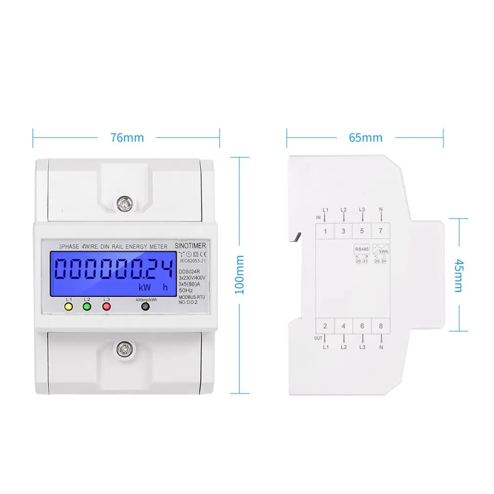 SINOTIMER DDS024R RS485 Modbus Rtu DIN Rail 3 фазы 4P электронный ваттметр Мощность потребление энергии метр с ЖК-дисплей Подсветка
