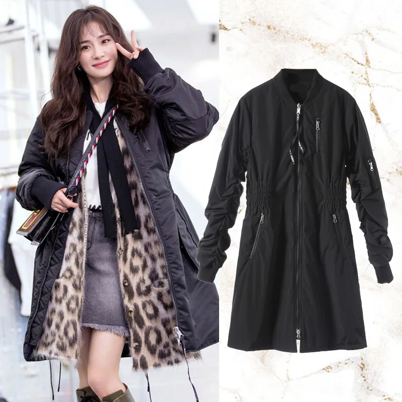 

2018 Autumn And Winter New Style Star Yang Mi Celebrity Style Black Hooded Waist Hugging Loose-Fit Pilots Mid-length Cotton Jack