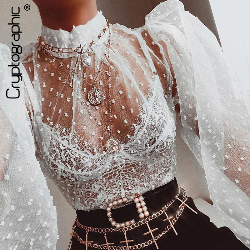 

Cryptographic White Mock Neck Blouse Shirt for Women 2020 Spring Bubble Long Sleeve Shirts See Through Blouses Fashion Tops