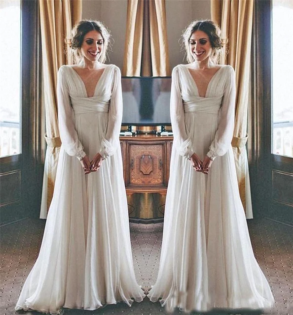 Vintage Vestidos De Novia Bohemia 2019 Mangas Largas Cuello En V De Talla Grande Chifon Barato Playa Pais Maternidad Vestidos De Novia Estilo Griego Vestidos De Novia Aliexpress