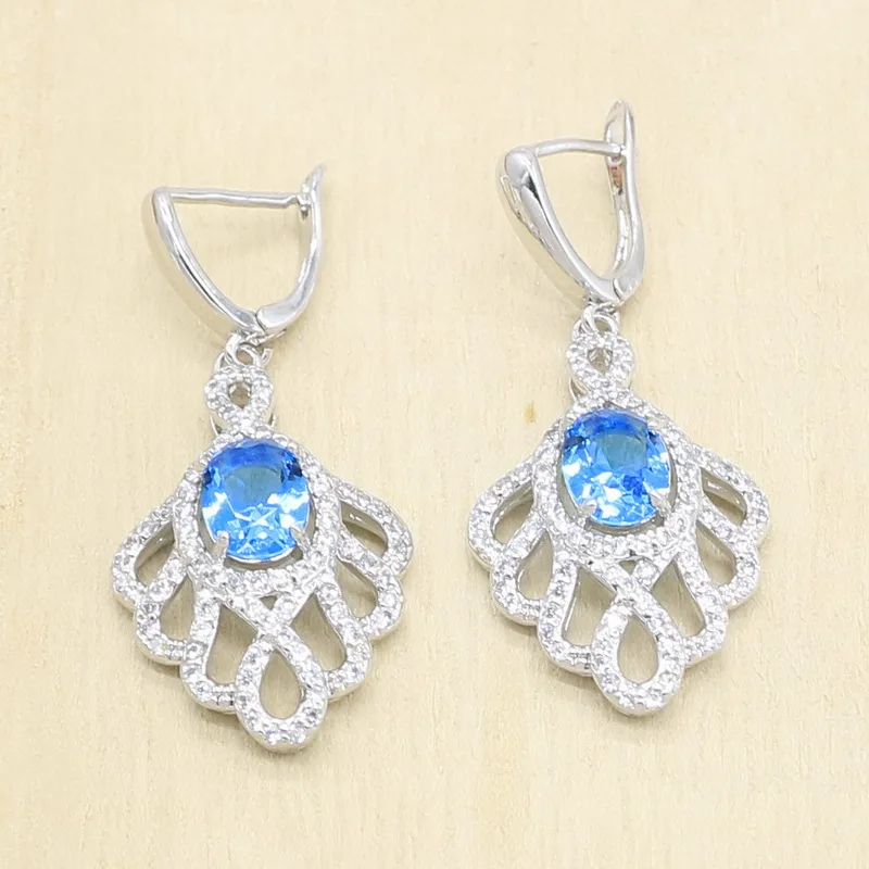 Набор украшений из серебра 925-й пробы для Для женщин свадебные голубые циркониевые браслет серьги ожерелье кулон подарочные коробки для колец