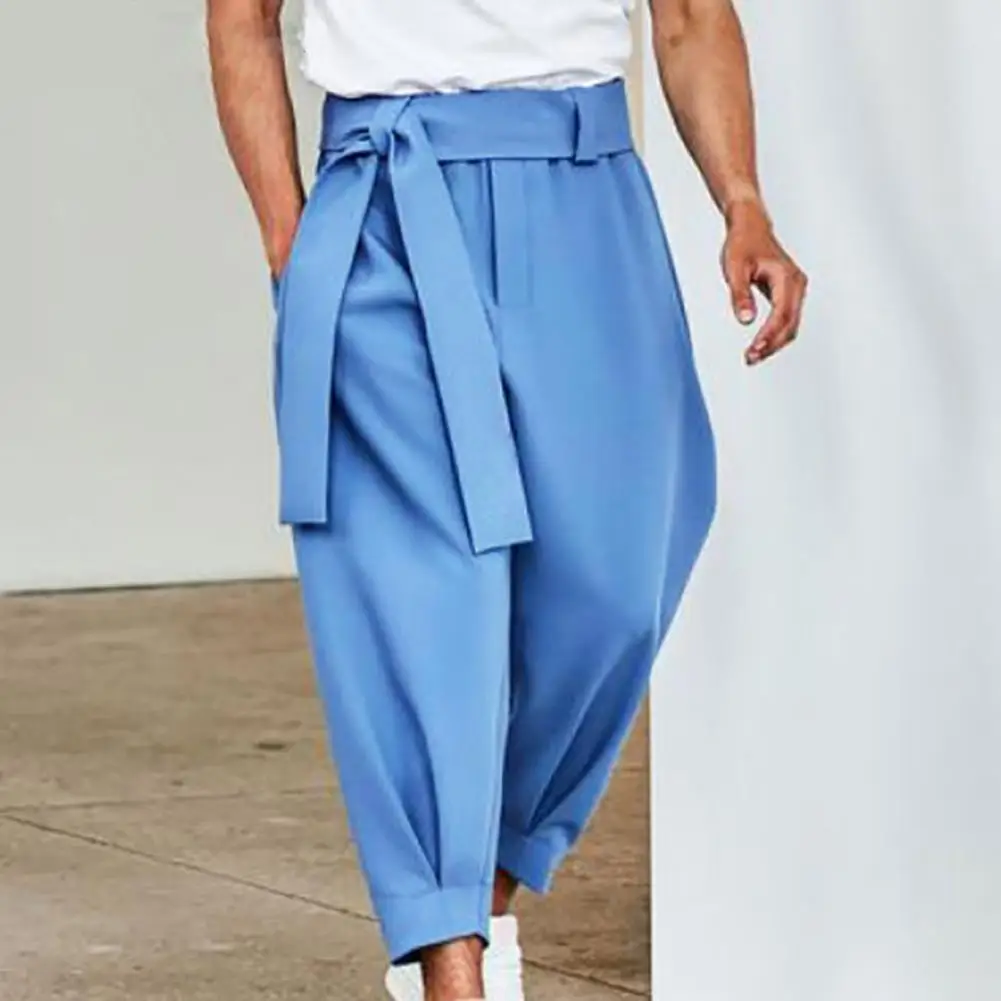 Men's Casual Pants Mid Waist Solid Color Skin-friendly Lace-up Casual Belt Loose Cropped Trousers for Autumn wide leg pants