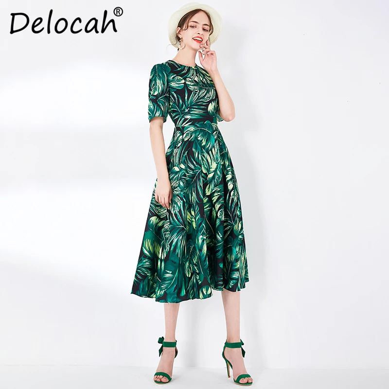 Delocah, весенне-летнее женское платье, подиумное, модное, дизайнерское, короткий рукав, с растительным принтом, элегантное, тонкое, для девушек, ТРАПЕЦИЕВИДНОЕ ПЛАТЬЕ