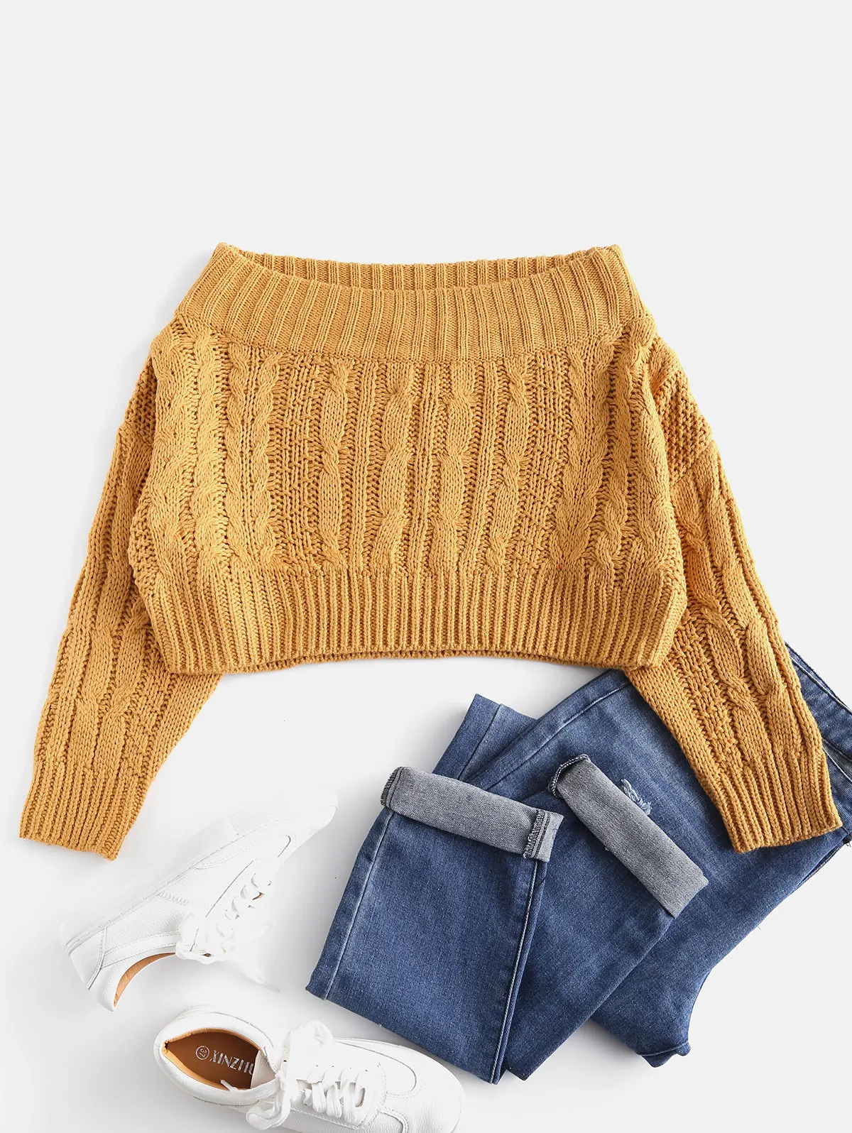 ZAFUL/свитера с открытыми плечами; вязаный свитер; джемпер; трикотажные пуловеры с длинными рукавами; топы; укороченный свитер; уличная одежда; сезон осень - Цвет: Mustard