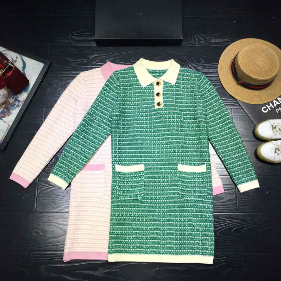 

2019 Elegant Fashion Lapel Knit Contrast Dress Two Colors Green & Pink Four Sizes X-XL Free Shipping