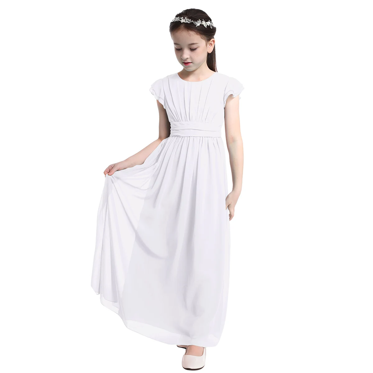 Junior Bridesmaid Dresses Flutter Sleeves Pleated Chiffon Long Dress Children's Girls Wedding Party Princess Kids Flower Dress