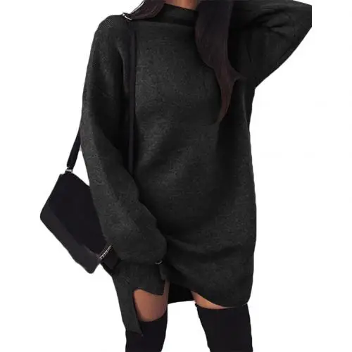 Модный осенне-зимний теплый вязаный пуловер, женский свитер с длинным рукавом и воротником-стойкой, теплый вязаный свитер-платье - Цвет: Черный