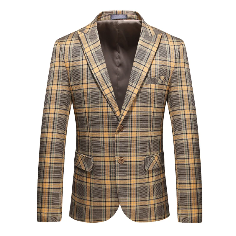 

Jacket Men Check Suit Spring Autumn Business Formal Casual Plaid Blazer Yellow Single Breasted 2 Buttons Peak Lapel Daily Life