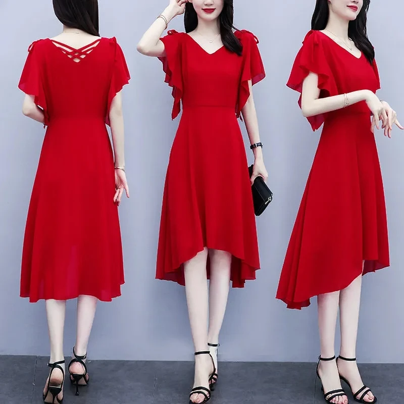 SummerVNeckChiffonDressWomensFashionSlimRedDressWomensLong
