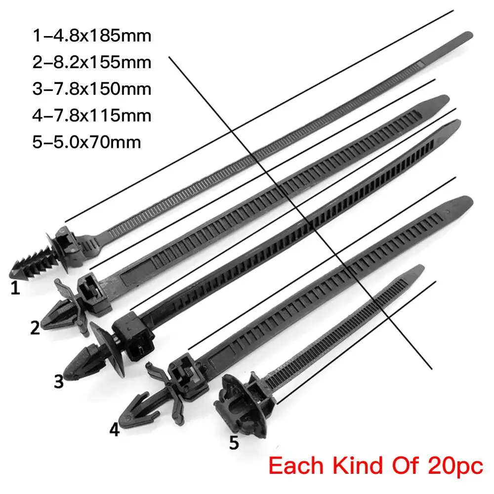 

100pcs Auto Mixed Fastener Mixed Nylon Cable Tie Bundled Car Wire Harness Line Fastener Zip Clip Band Retainer Clips