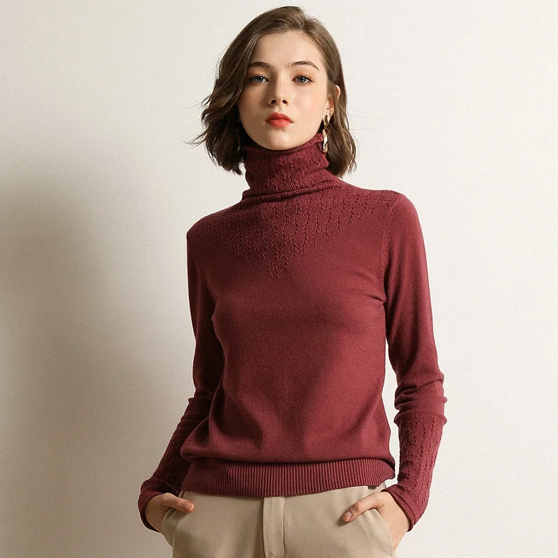 Высококачественный женский свитер, пуловер с высоким воротом, женский зимний кашемировый свитер до и после пшеничного шипа, однотонный вязаный свитер - Цвет: bean paste red