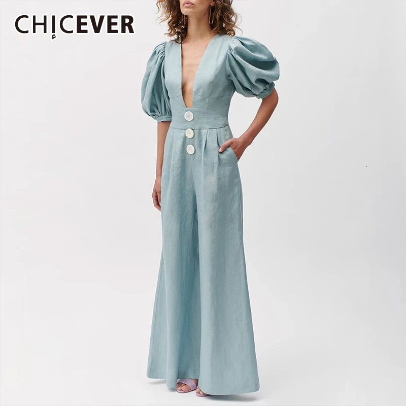 CHICEVER, повседневные свободные женские комбинезоны, v-образный вырез, фонарь, половина рукава, высокая талия, расклешенные штаны, на шнуровке, женский комбинезон, новинка