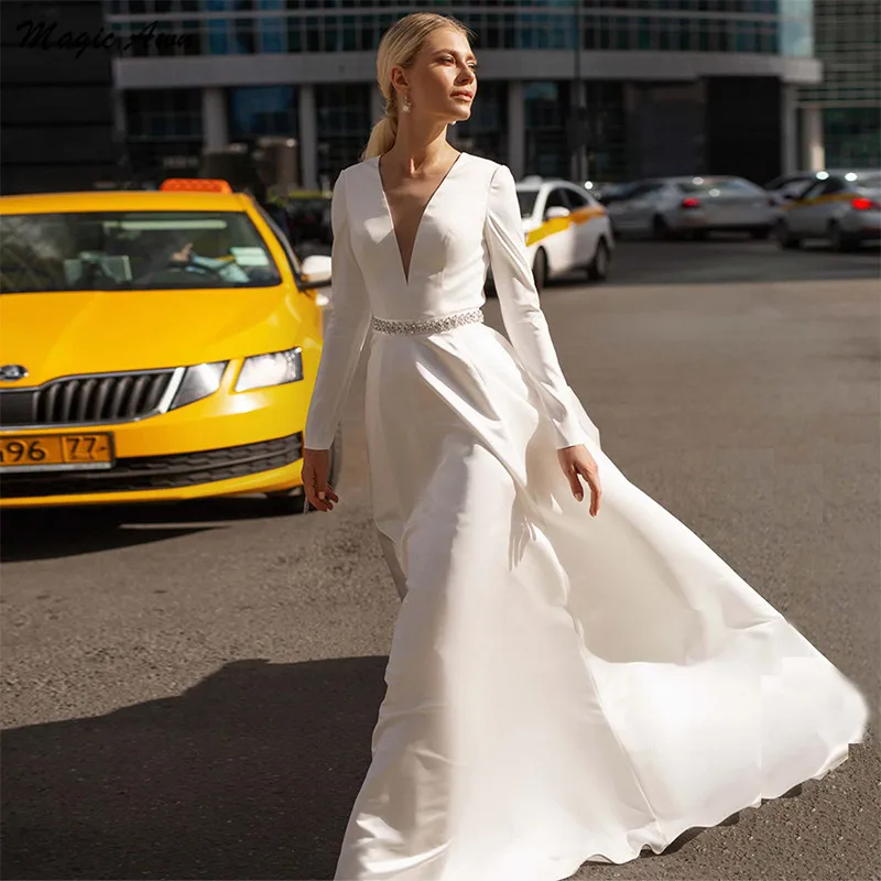 

Magic Awn Long Sleeves Boho Wedding Dresses Satin Sheer V-Neck Beaded Sash Backless A-Line Simple Bridal Gowns Vestido De Novia
