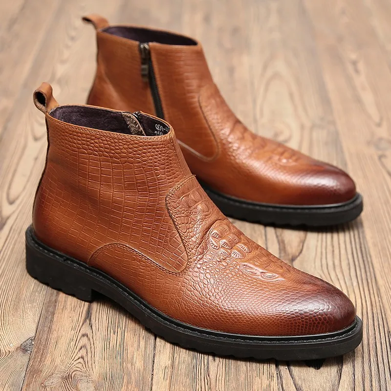 Winter Fleece Lining Warm Mens Genuine Leather Chelsea Boots British Pointed Toe Zipper Thick Bottom Male High Top Ankle Boots
