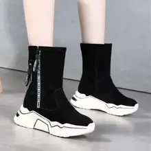 Зимние ботинки; зимние ботинки; женская обувь; женские ботинки; модные замшевые ботильоны из коровьей кожи на плоской подошве; Новинка года; зимние теплые ботинки с коротким мехом; X452