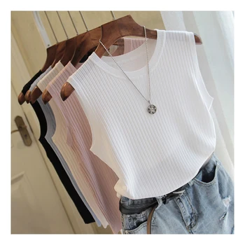 

White Top Knitted Tank Tops Women Sleeveless Vest Women Top O-neck Solid Tank Fashion Female Casual Knit Woman Shirt Gilet Femme