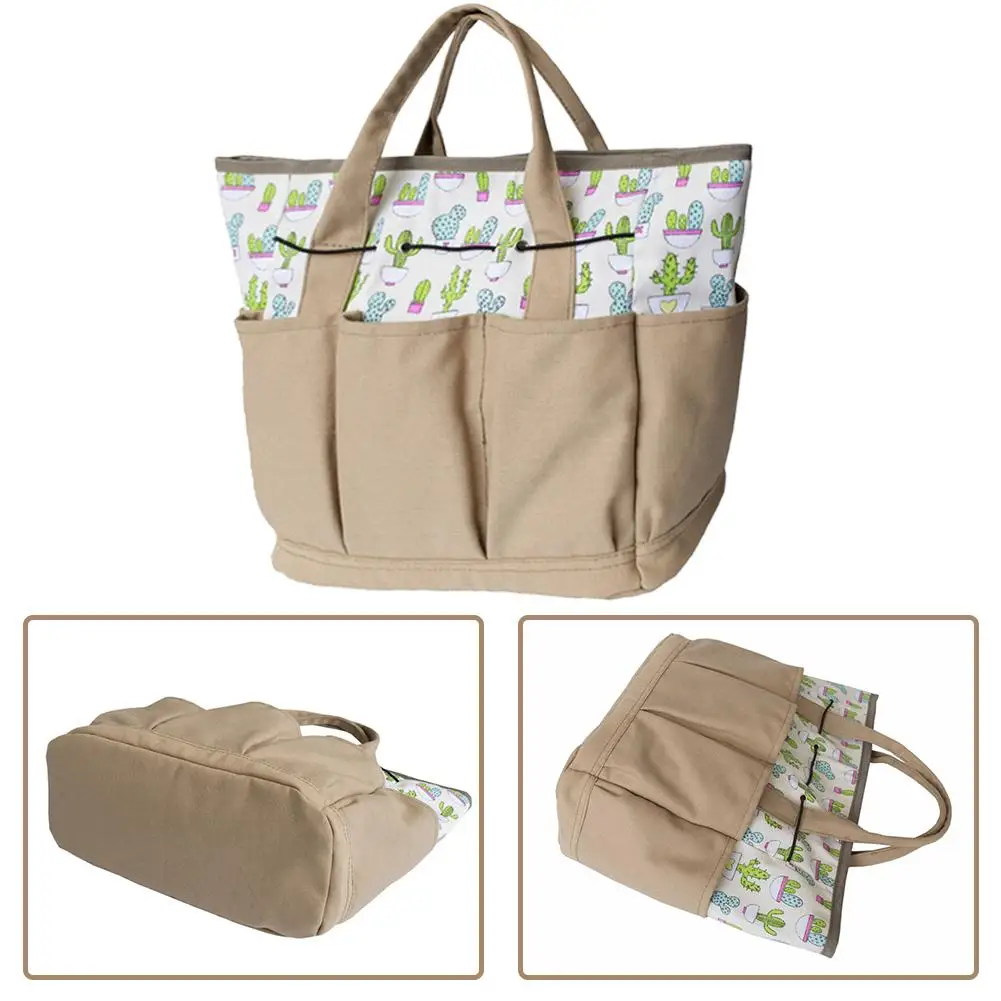 Garden Tool Storage Bag Cactus Pattern Canvas Outdoor Multi Pocket Gardening Tool Organizer Tote Bag Carrier