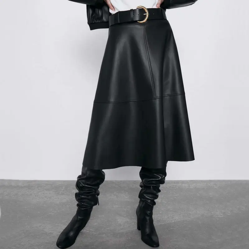 Online 2019 nuevo Otoño Invierno calidad mujeres de cintura alta Falda Midi faldas extra largas Mujer vestido negro elegante falda con cinturón