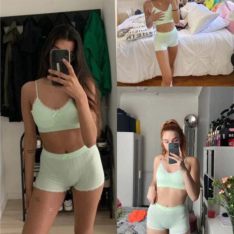 ATHVOTAR Kvinnor Underkläder Set Spets Kostym Sexig Ärmlös Tube Top Kvinna Solid Underkläder Boyshort Trosor_voghion.com